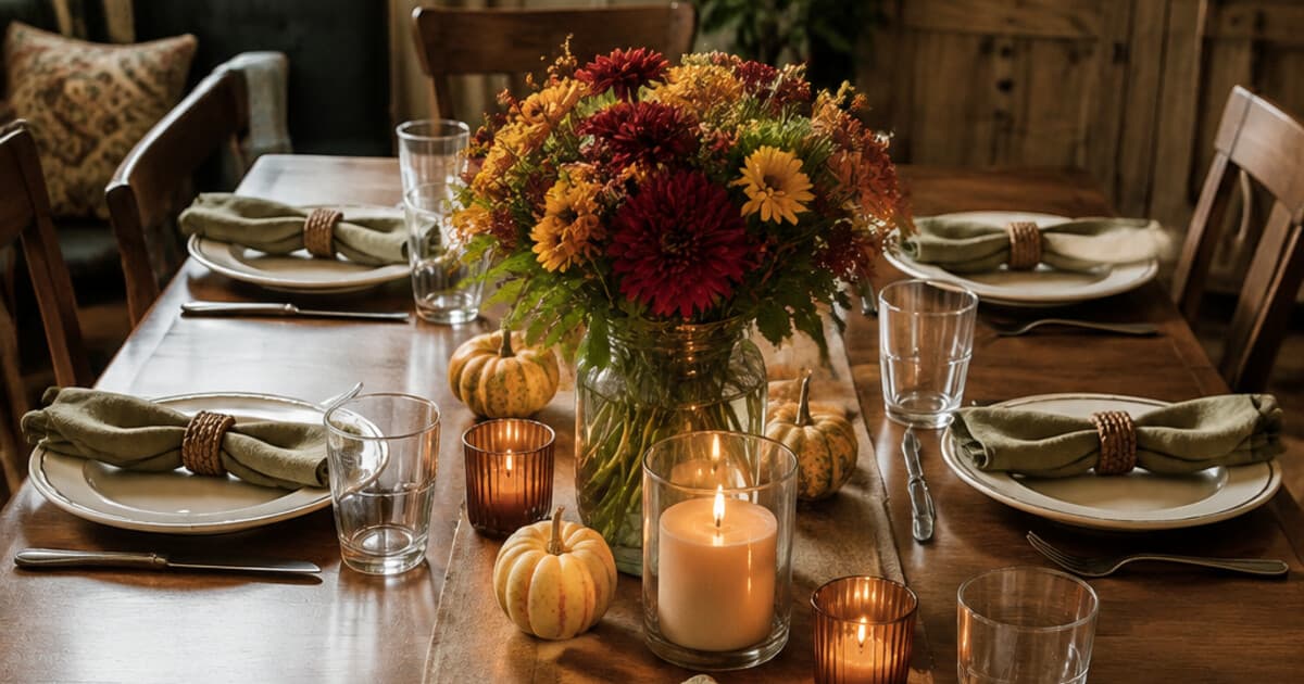 Simple Thanksgiving table with everyday cream plates, dark green napkins, pears, branches, low candles, and open space for serving bowls