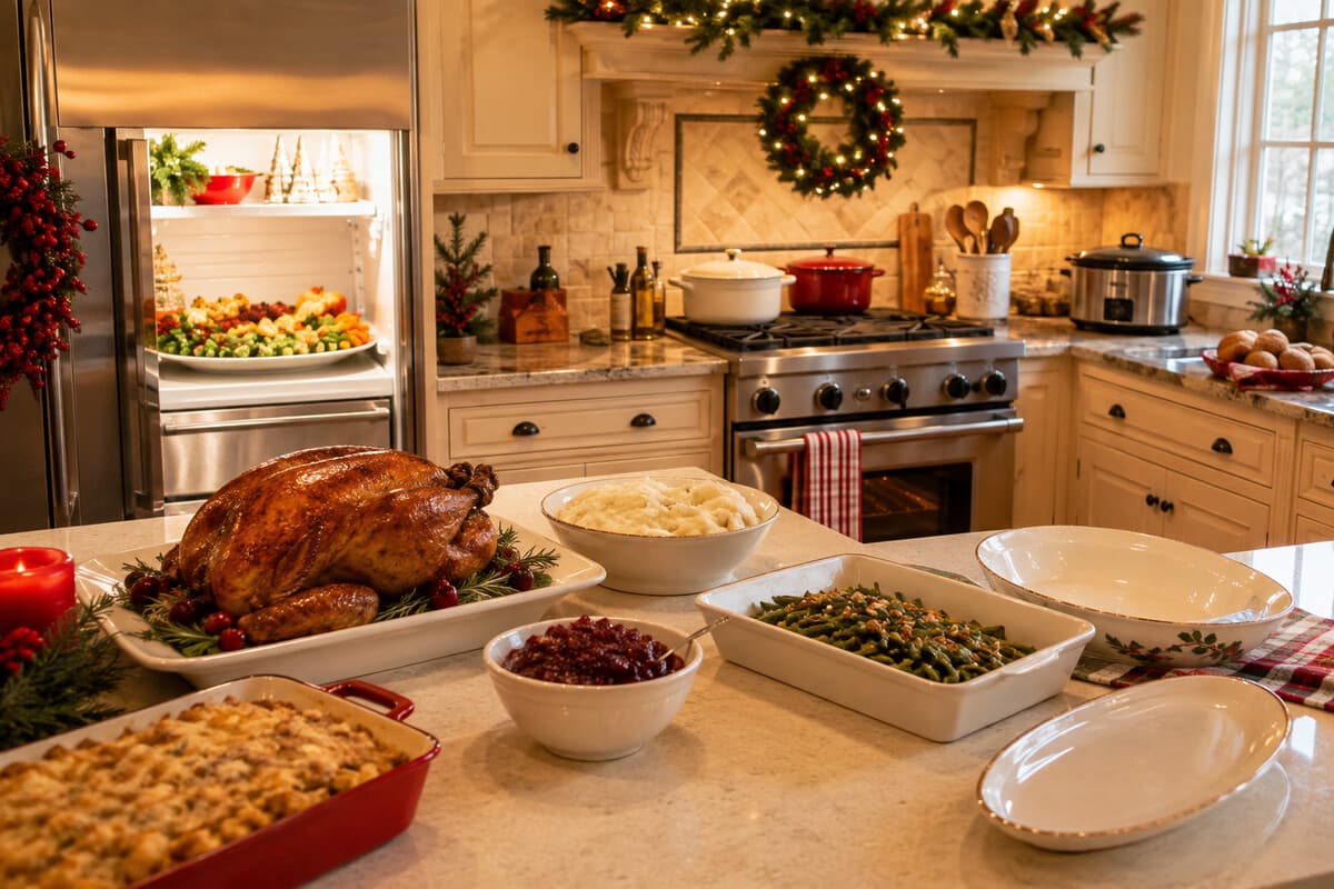 A Christmas party menu organized around one realistic home kitchen