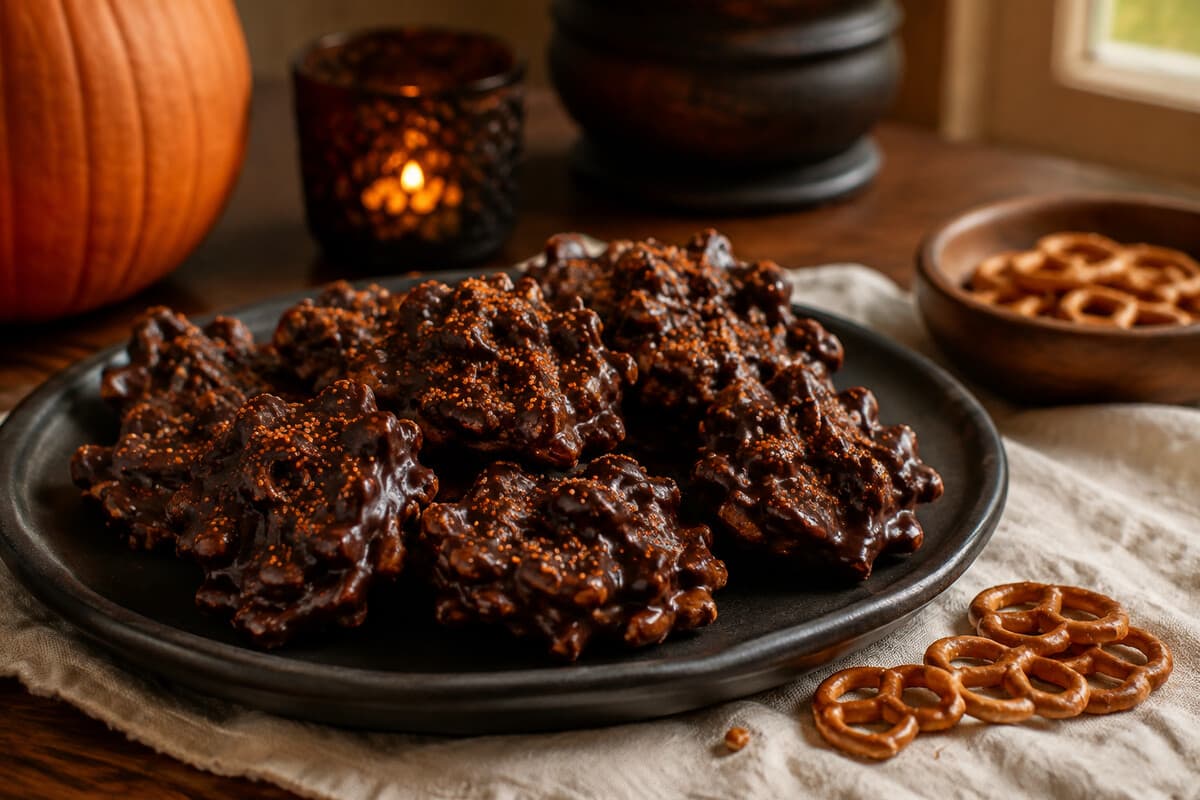 Dark chocolate pretzel clusters with a light scatter of orange sprinkles