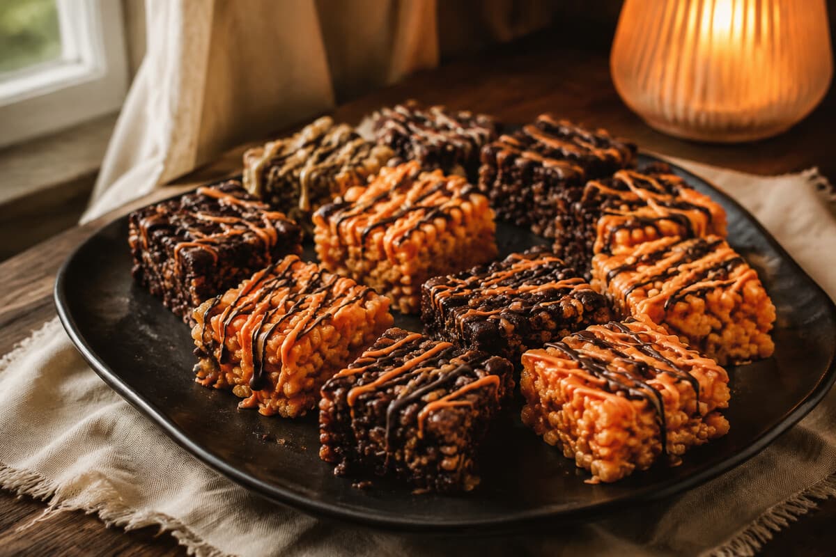 Small cereal bars with dark chocolate and orange-tinted drizzle