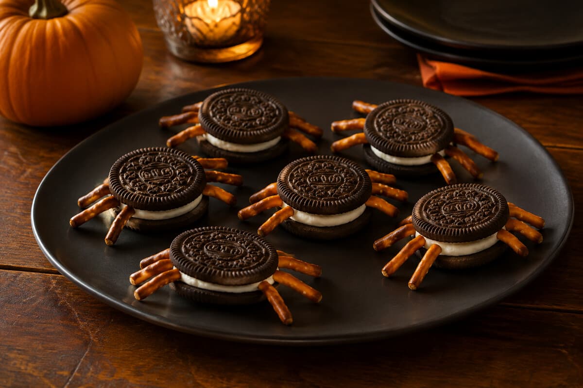 Simple chocolate sandwich cookie spider treats with short pretzel legs