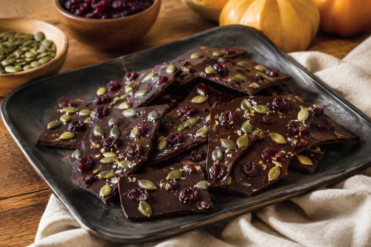 Irregular pieces of dark chocolate bark with toasted pumpkin seeds and dried cranberries