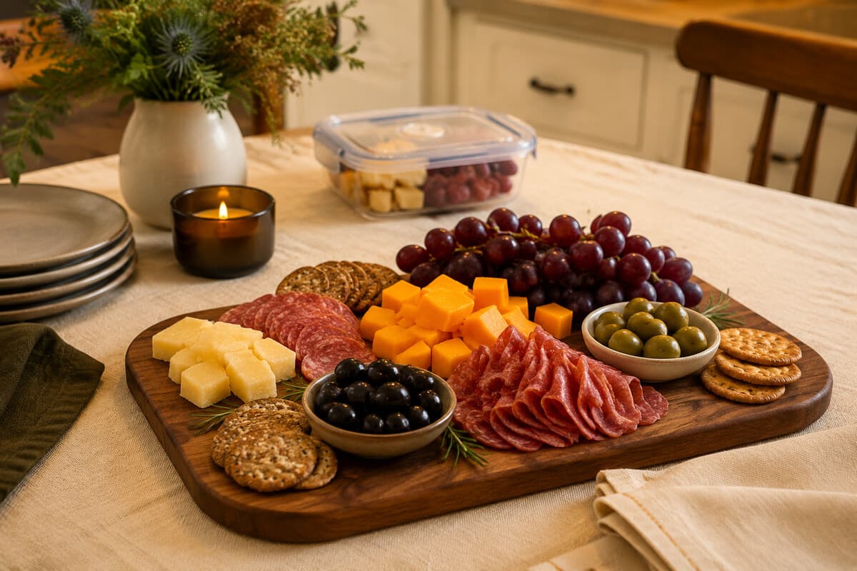 A modest charcuterie board for six with small ingredient piles and chilled backup food behind it