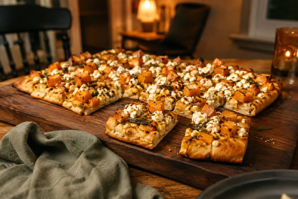 Roasted squash flatbread cut into easy party squares with salty cheese and herbs