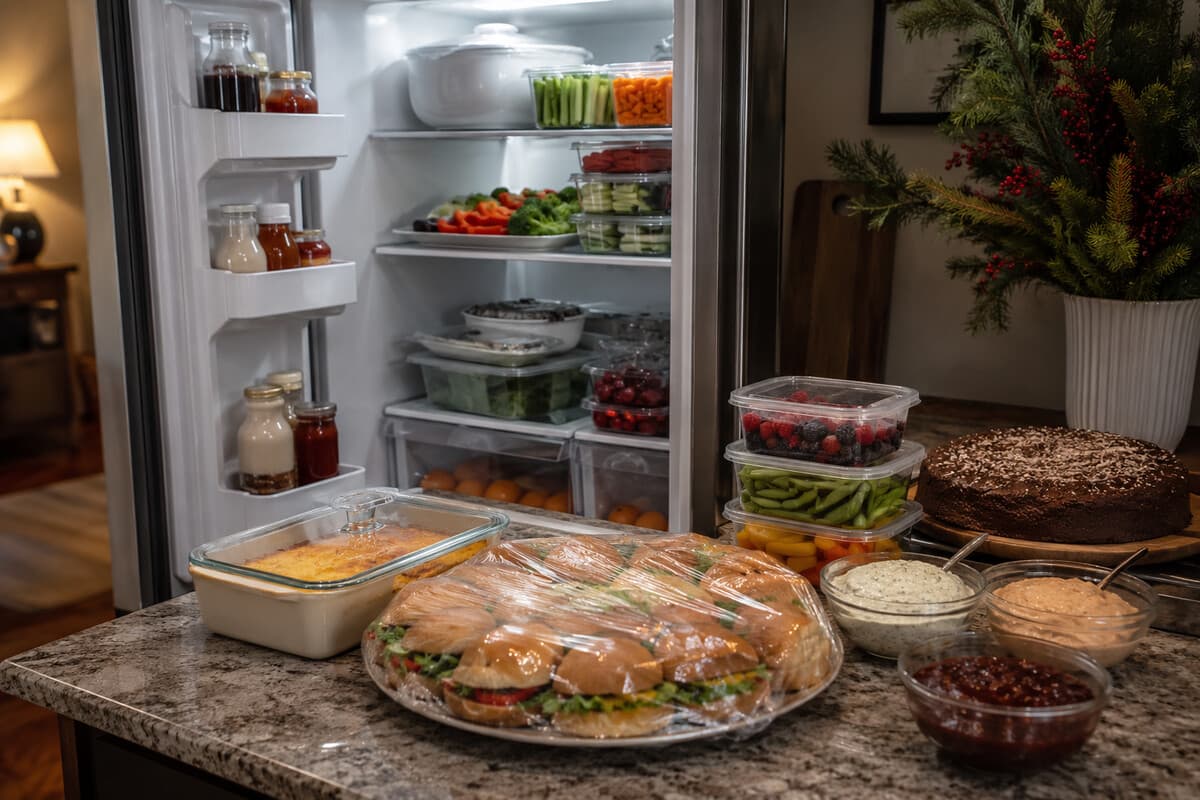 Christmas party food organized a day ahead in a home refrigerator and kitchen