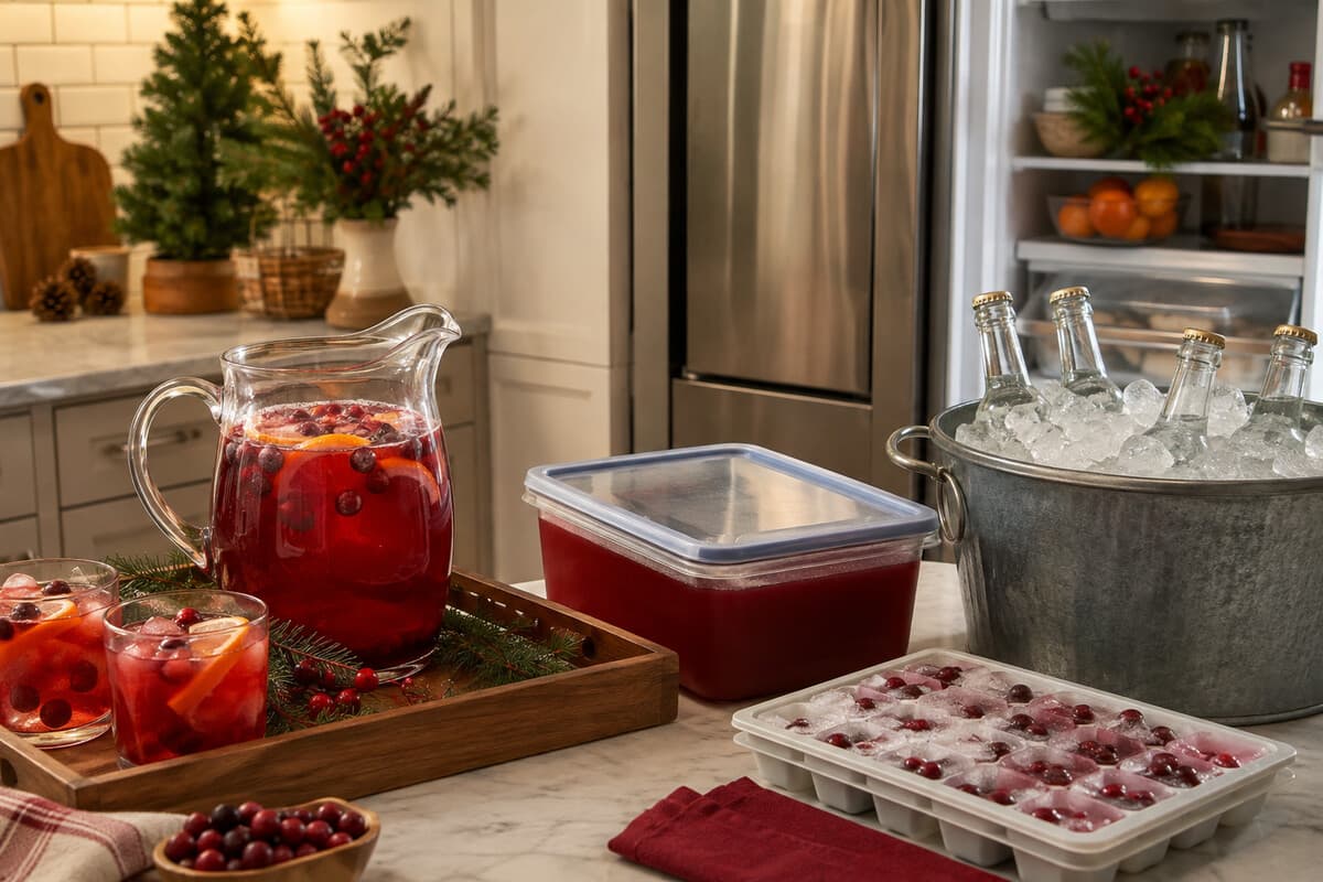 A smaller first batch of non-alcoholic Christmas punch with cold refill ingredients ready