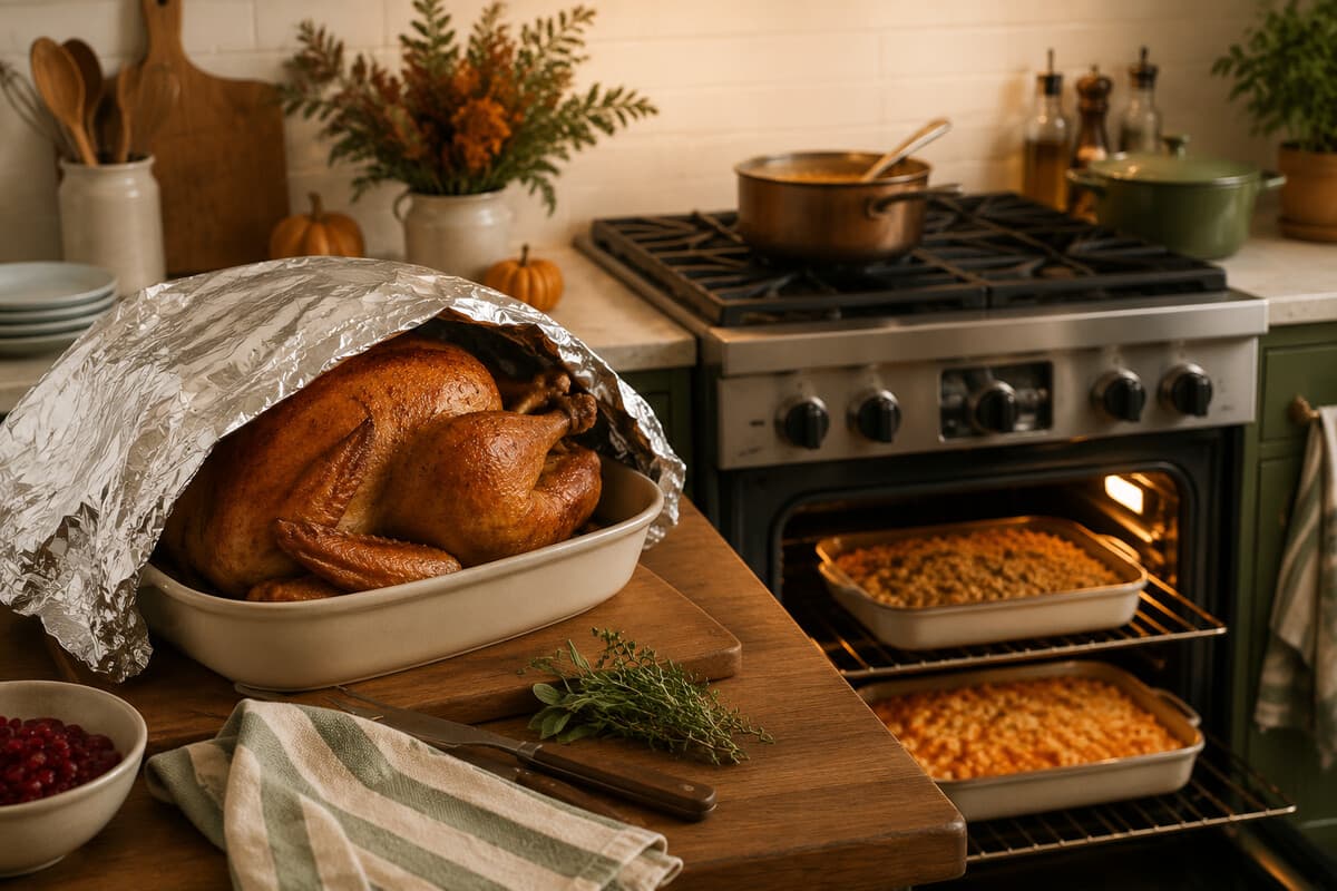 A rested Thanksgiving turkey while casseroles use the one-oven handoff window