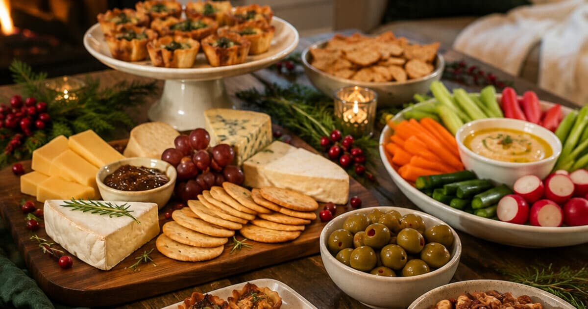 Christmas appetizer table with a small cheese board, shrimp cocktail, warm dip, spiced nuts, vegetables, and one tray of baked bites