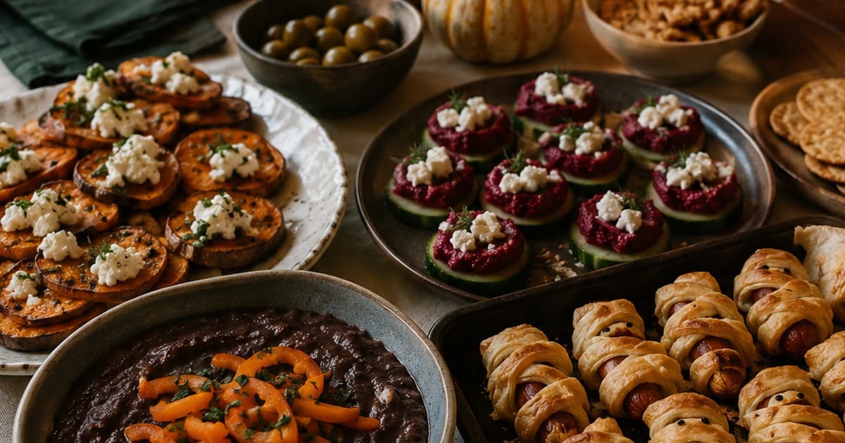 Cozy Halloween appetizer table with orange peppers, dark dips, pastry bites, and candles
