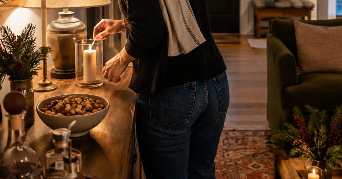 Host doing a final living room and drink-station reset shortly before dinner party guests arrive