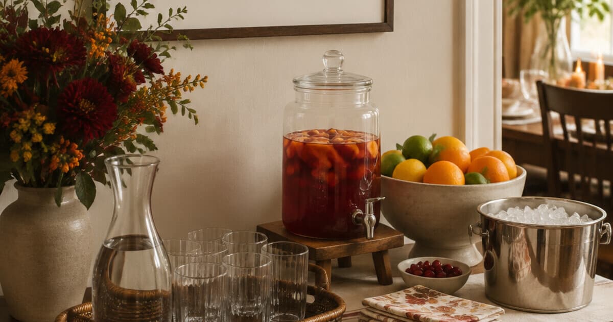 Self-serve Thanksgiving drink station on a console with water, sparkling drinks, wine, ice, glasses, napkins, and an opener away from the kitchen