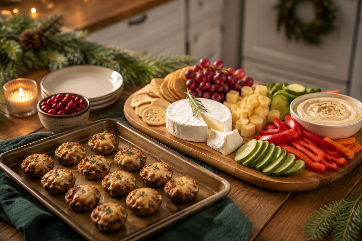Warm Christmas appetizer bites served beside cold and room-temperature snacks