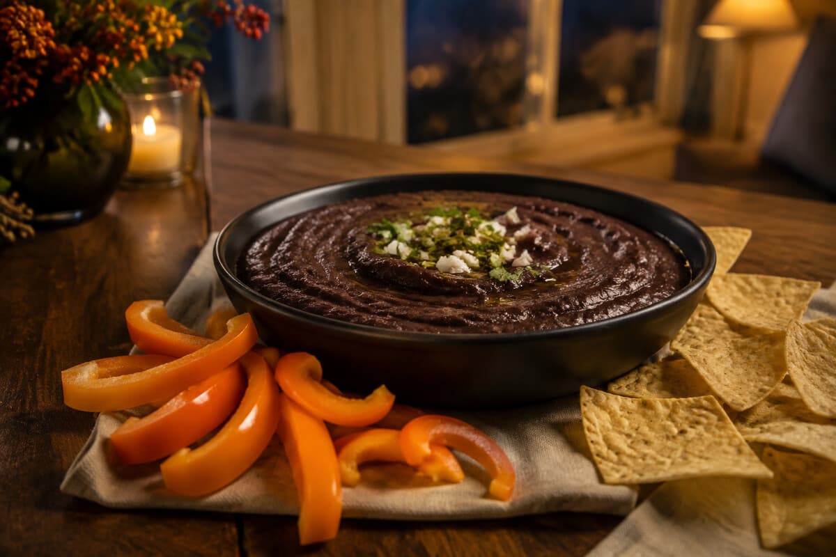 Black bean dip with orange bell pepper strips and tortilla chips on a warm Halloween buffet