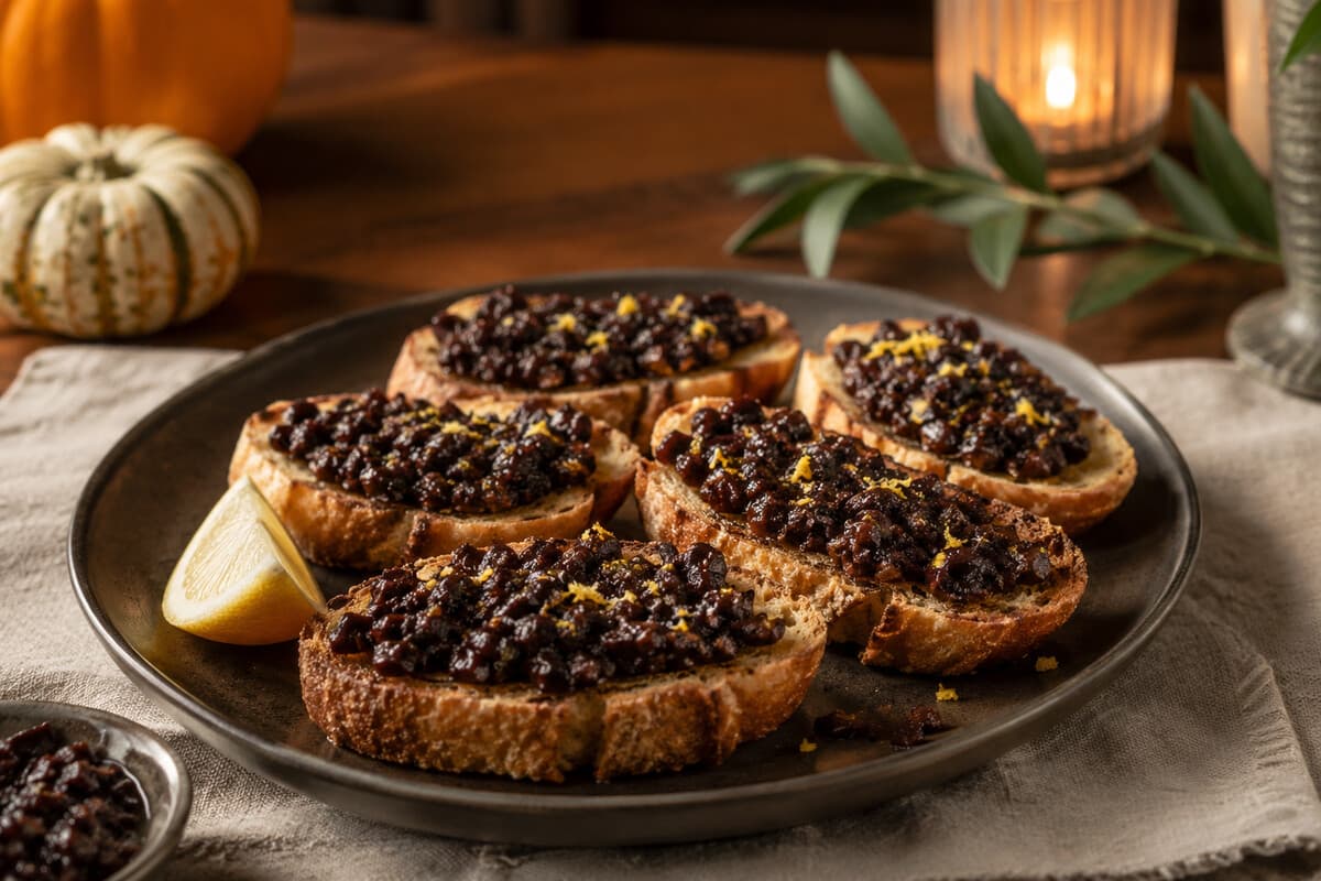 Dark olive tapenade crostini finished with lemon zest