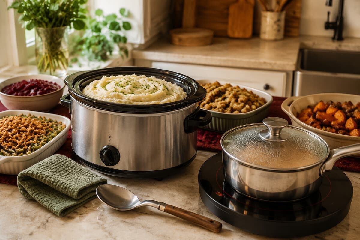 Mashed potatoes and gravy being held warm in a practical home-kitchen setup