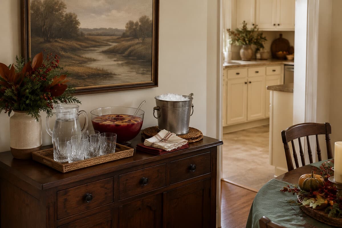 A Thanksgiving drink station moved out of a small kitchen to keep the cooking area clear
