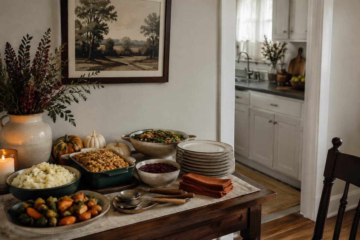 Thanksgiving food served from a table outside a compact kitchen