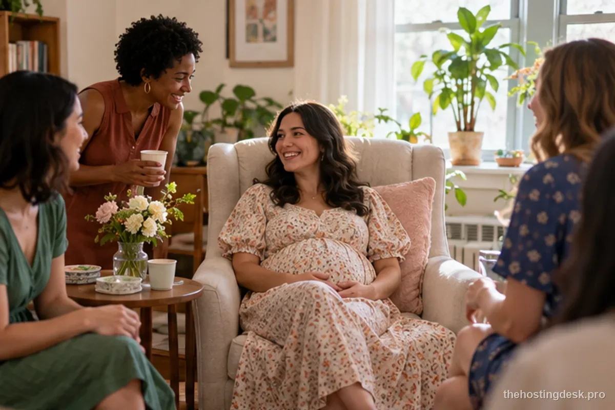 Expectant guest of honor seated comfortably with friends in a small living room shower