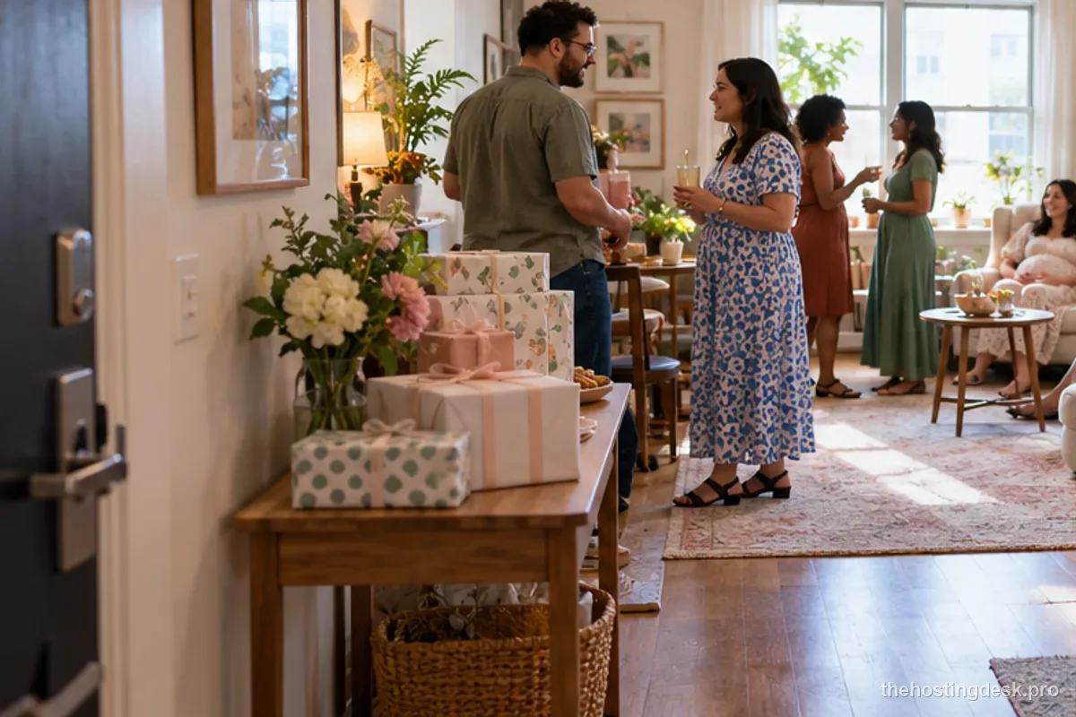 Small apartment baby shower with gifts, food, drinks, seating, and activity areas arranged separately