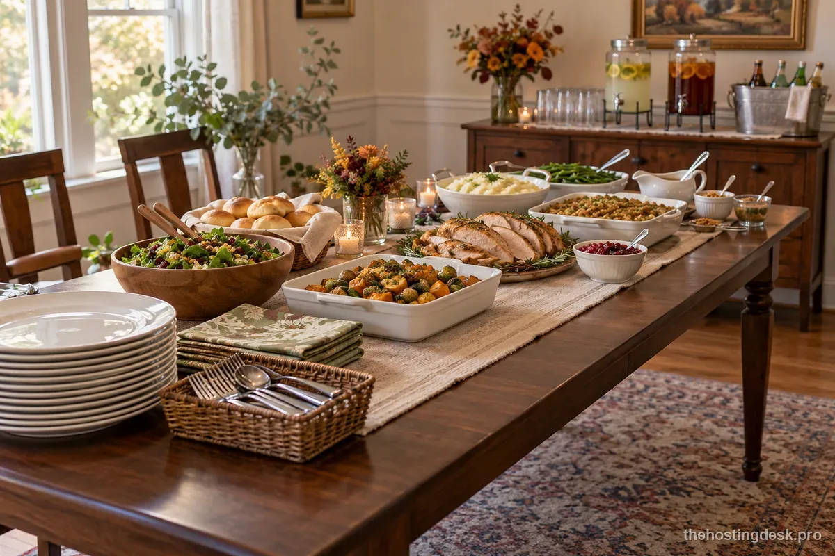Buffet line beginning with plates and continuing through hot and cold dishes