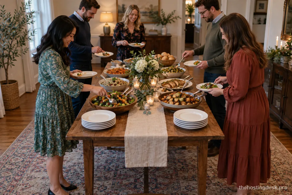 Guests serving themselves from both sides of a dinner buffet table
