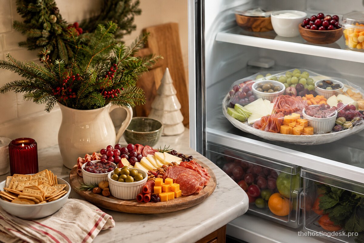 A smaller Christmas charcuterie board with refrigerated refill components ready