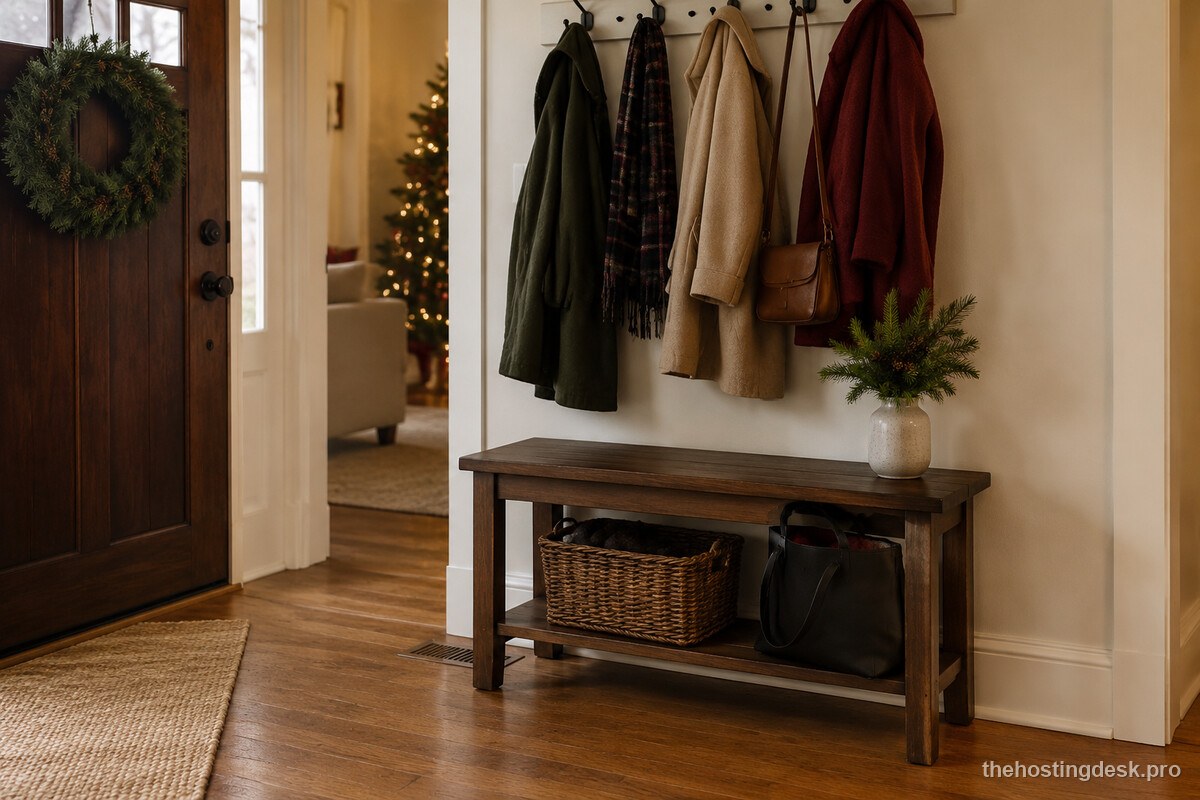 A compact Christmas party coat and bag landing zone near the entry