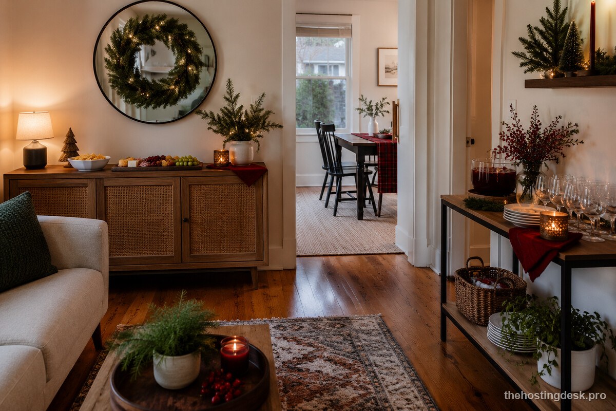 Two Christmas party food zones arranged to keep a small house walkway clear
