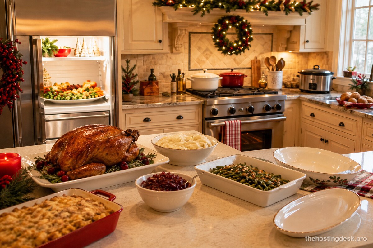 A Christmas party menu organized around one realistic home kitchen