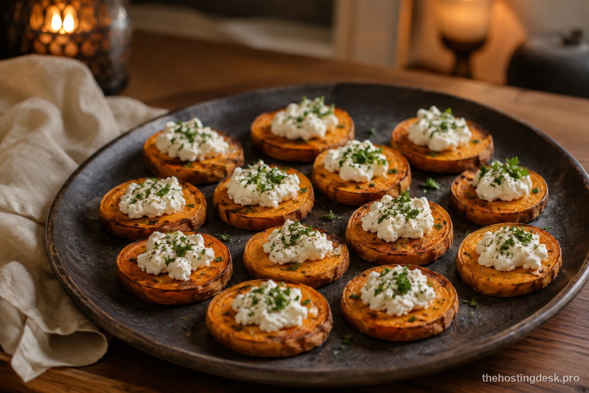 Roasted sweet potato rounds topped with goat cheese and chopped herbs