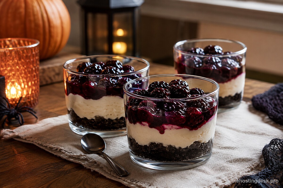 Berry cheesecake cups with chocolate-cookie crumbs and dark berry compote