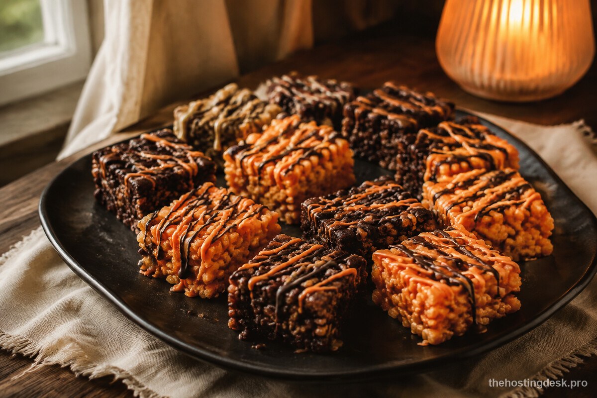 Small cereal bars with dark chocolate and orange-tinted drizzle