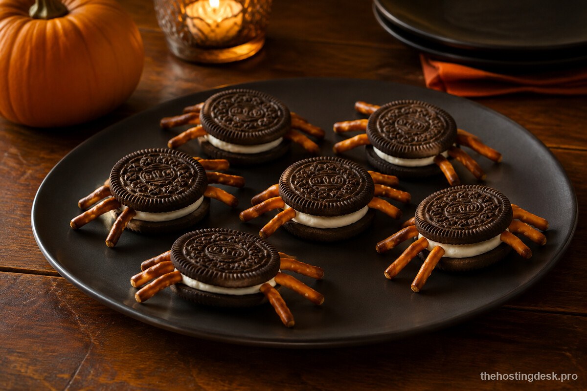 Simple chocolate sandwich cookie spider treats with short pretzel legs