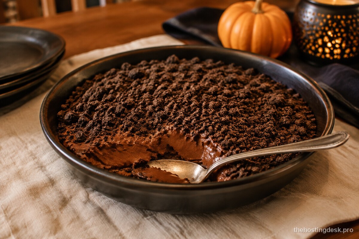 Chocolate pudding topped with crushed chocolate cookies in a shallow serving dish
