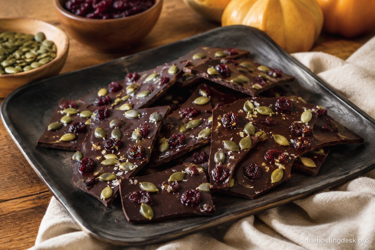 Irregular pieces of dark chocolate bark with toasted pumpkin seeds and dried cranberries