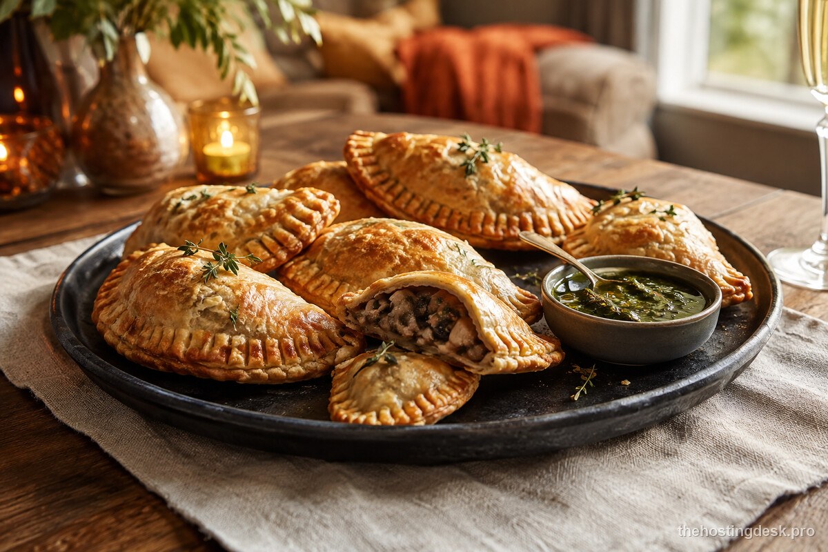 Flaky mushroom and herb hand pies on a warm fall party platter