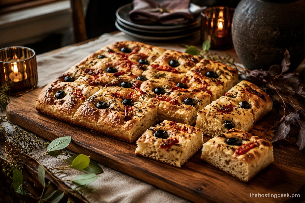 Rustic focaccia with black olives and roasted red peppers cut into party squares