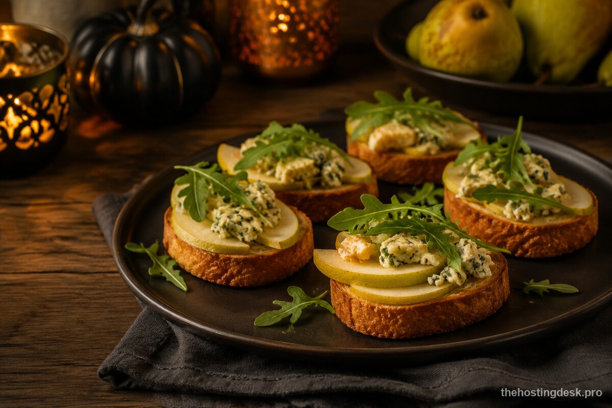 Pear, blue cheese, and arugula bites on toasted bread rounds