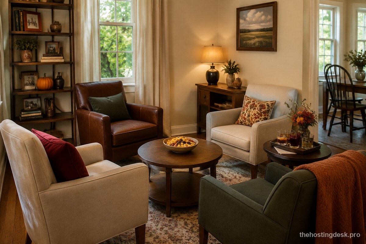 A compact living room arranged as a welcoming Halloween party zone