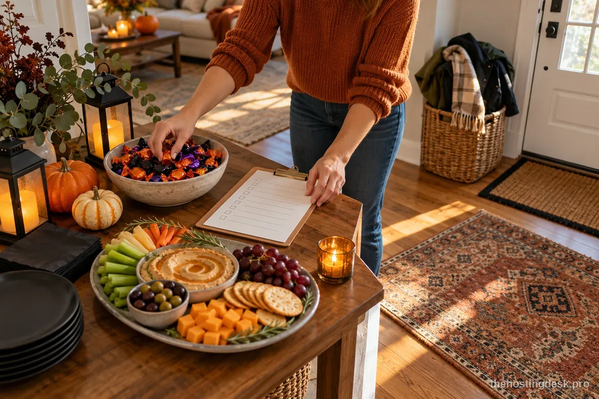 Halloween party checklist and a small seasonal snack board ready for a home gathering