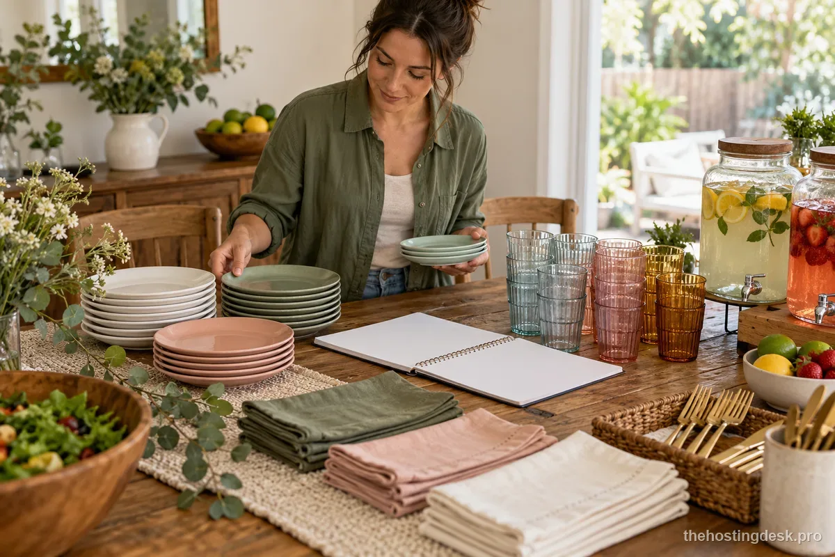 Party tableware staged in separate stacks for serving plates, cups, and napkins