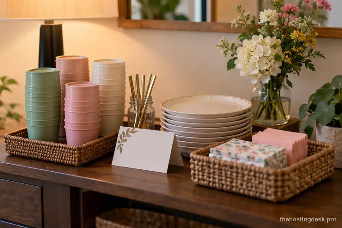 Reusable cups, sturdy plates, and napkins organized at a small home party station