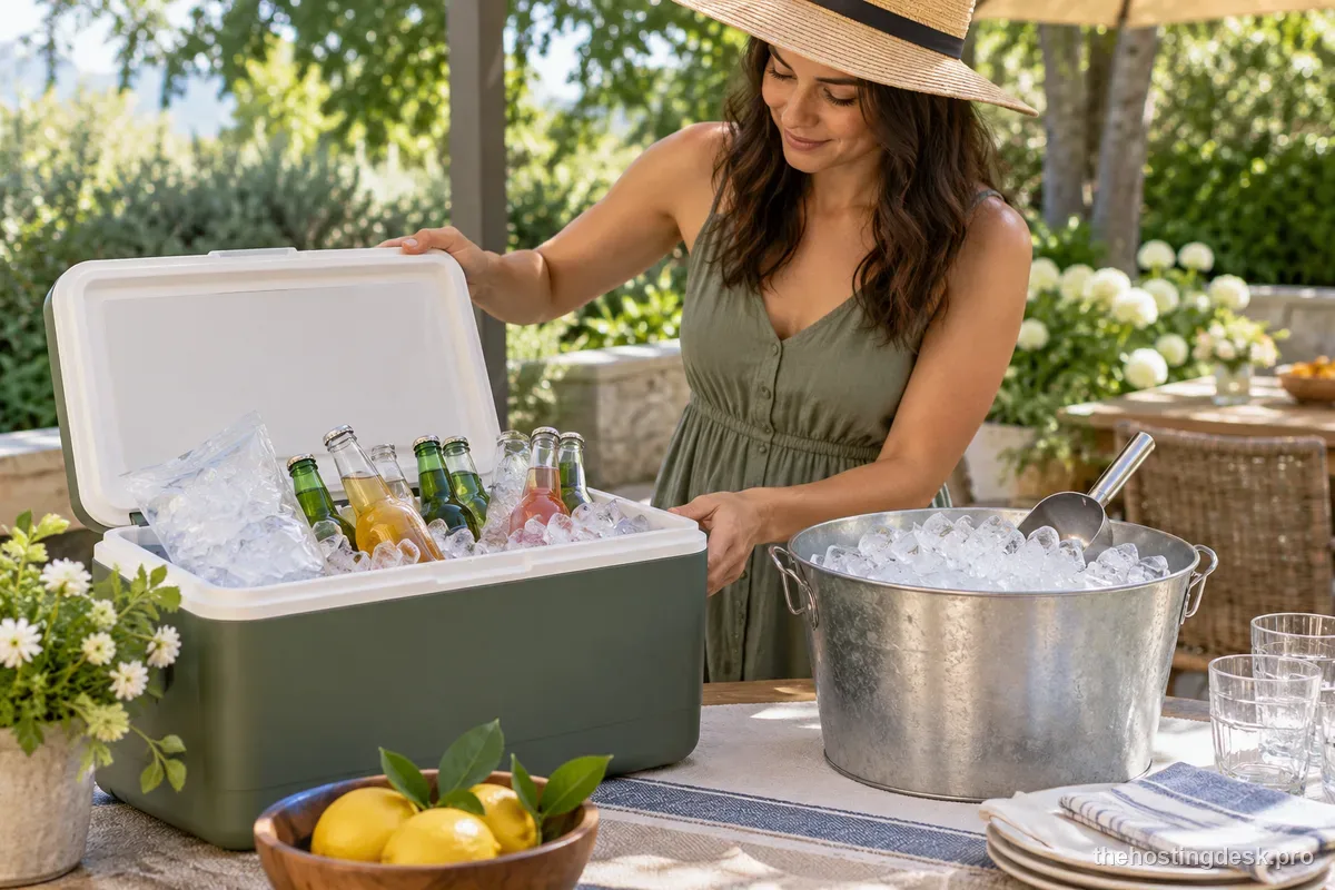 Separate serving-ice bucket and cooler for chilling bottled party drinks