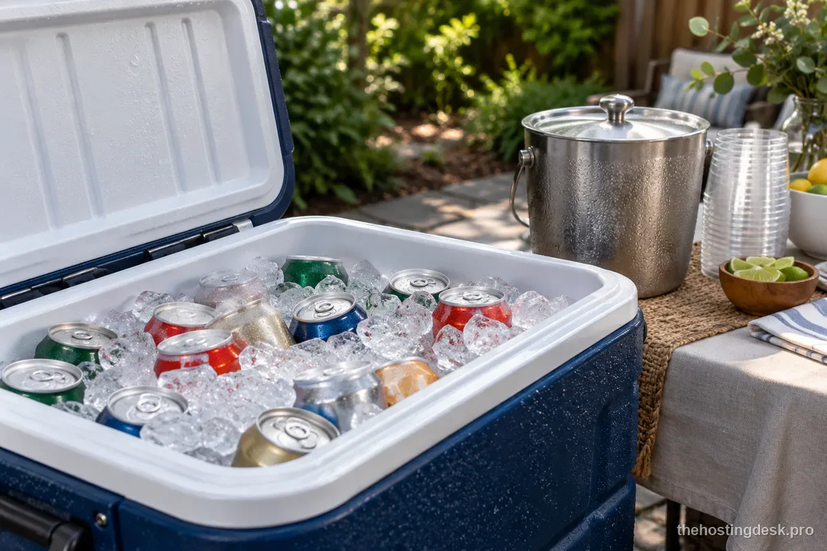 Party drinks chilling in a cooler with a separate clean ice bucket nearby