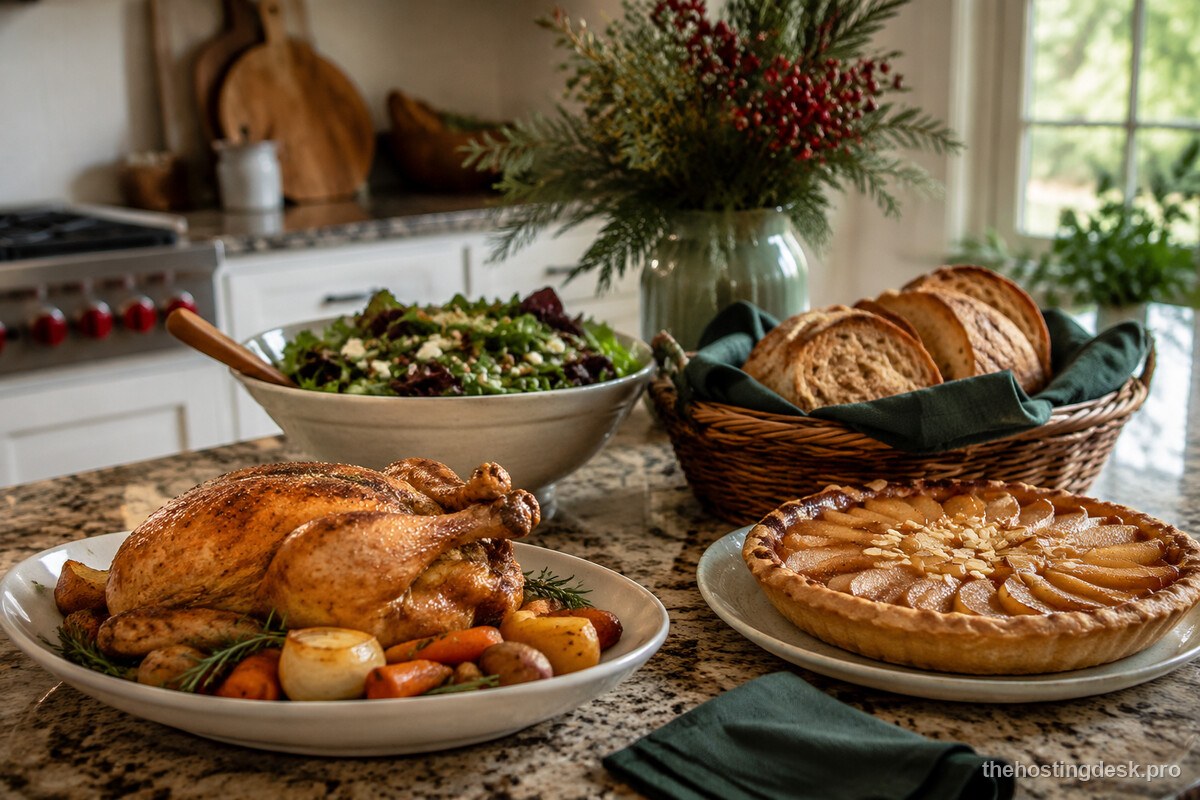 A simple five-part dinner-party menu with roast chicken, salad, bread, and dessert