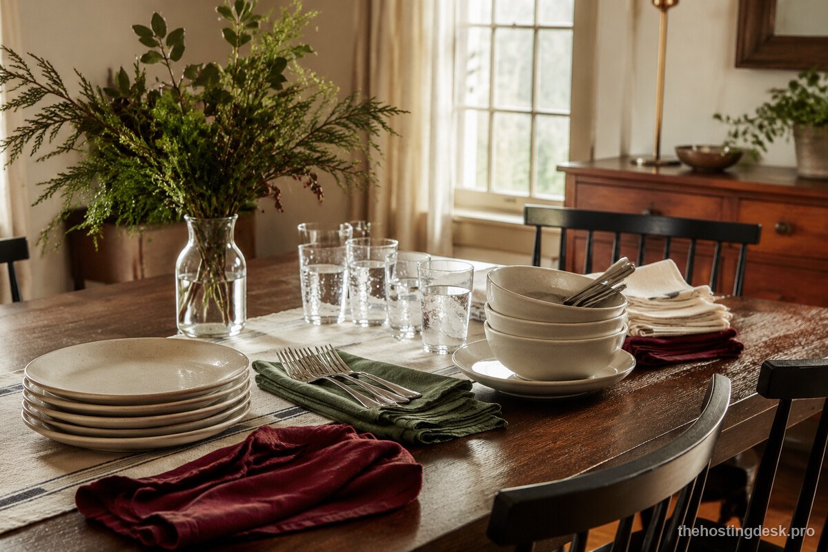Everyday dinner-party tableware set out before guests arrive