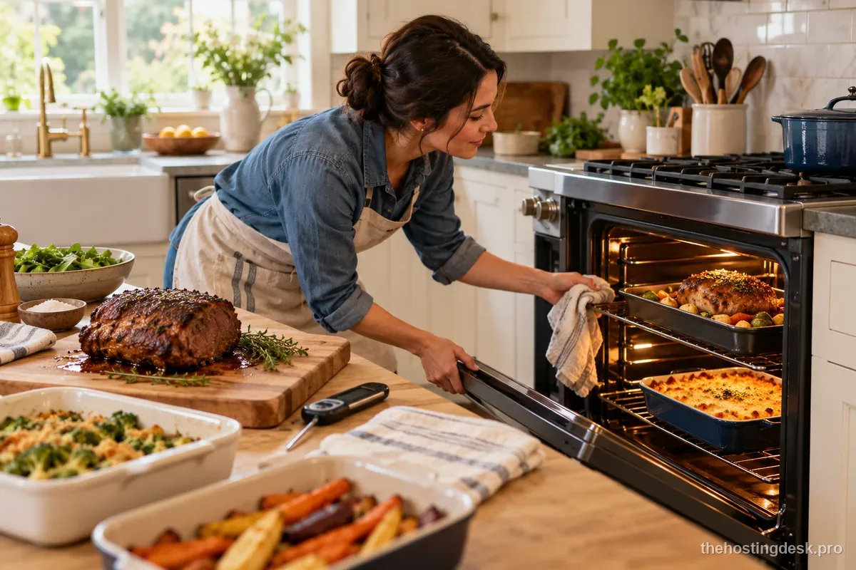 Home cook checking a roasting tray and oven thermometer while coordinating dinner dishes