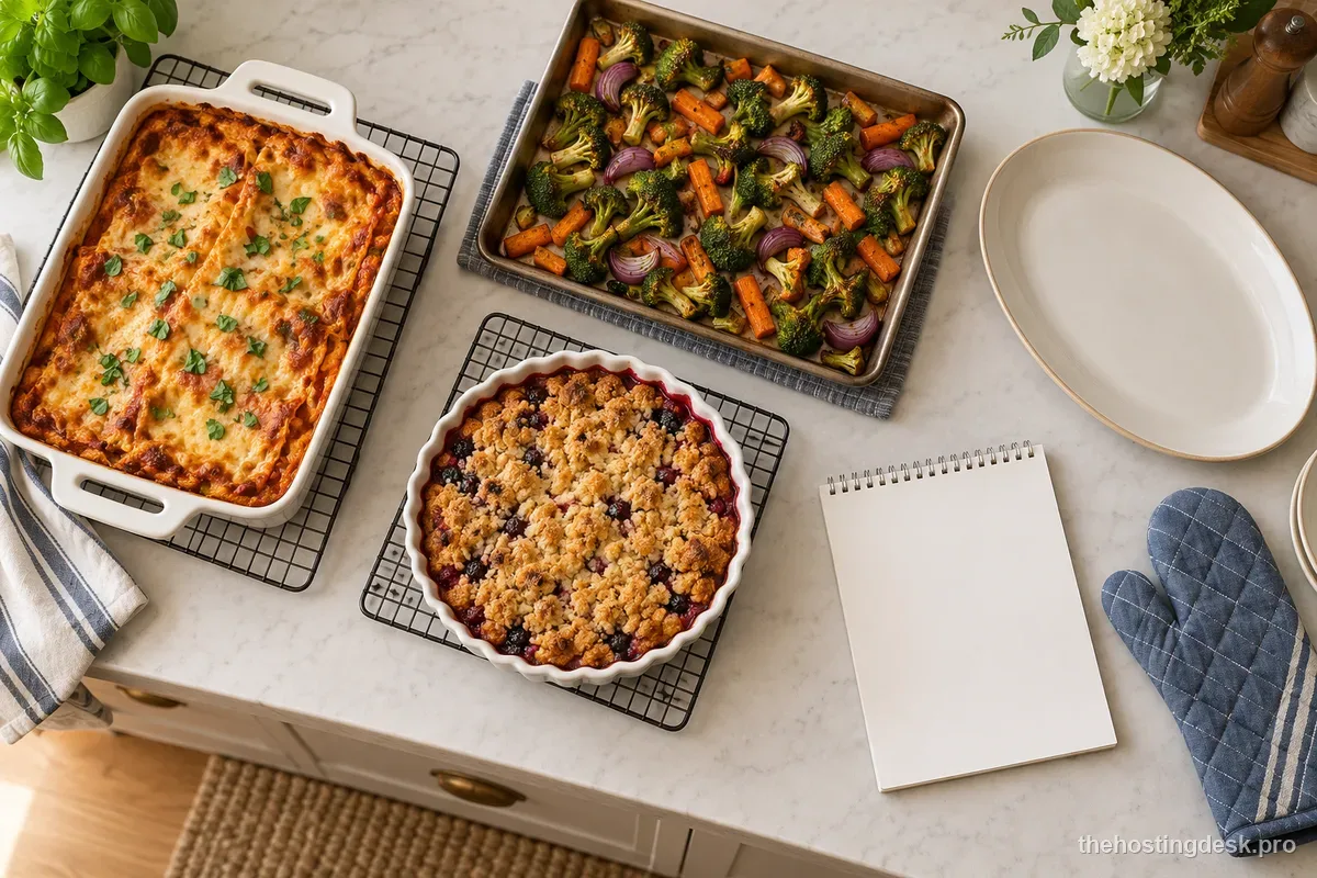Several prepared dinner dishes staged on a counter before a one-oven meal