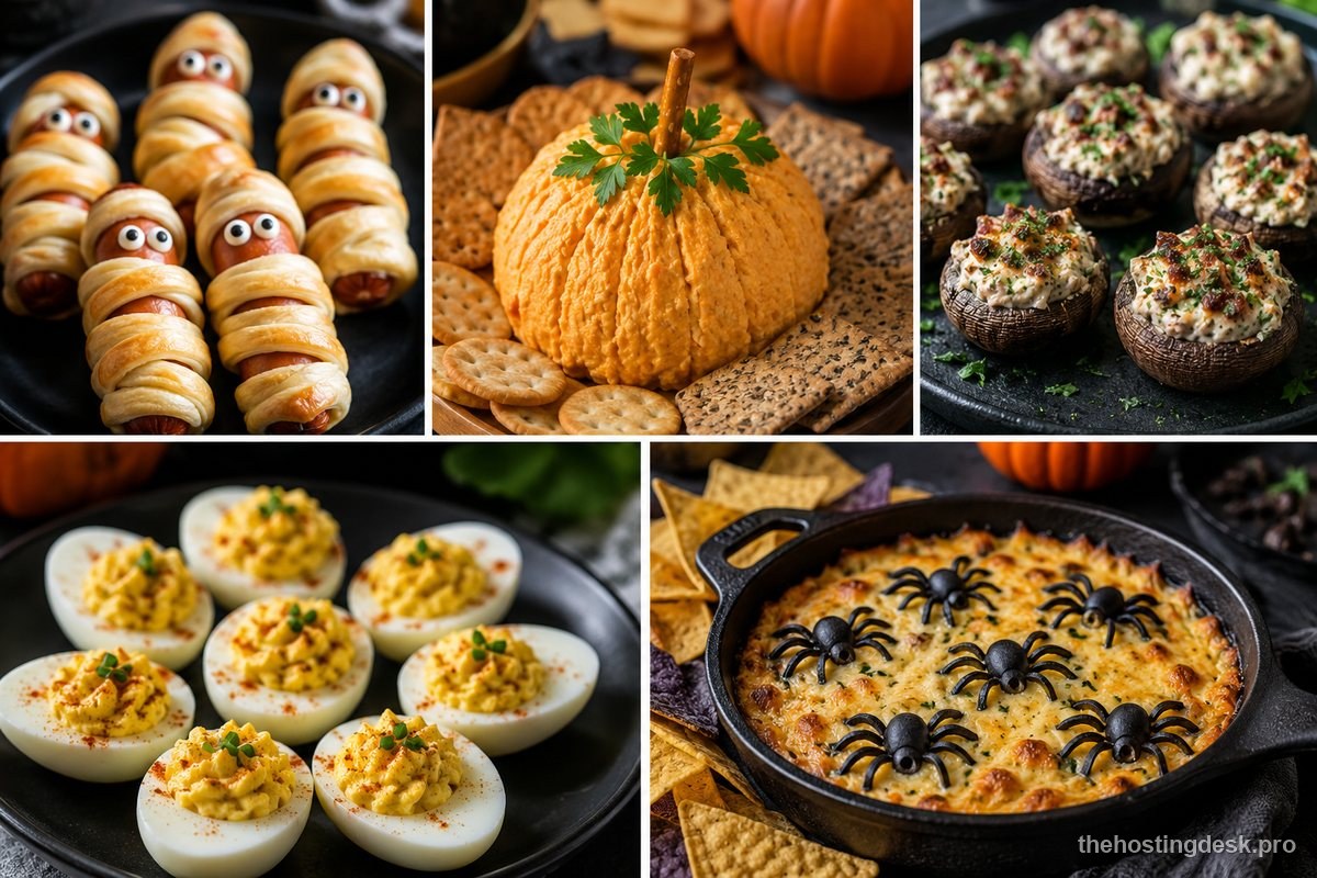 Halloween snack idea board with savory pastry bites, a pumpkin-shaped cheese spread, stuffed mushrooms, deviled eggs, and warm dip