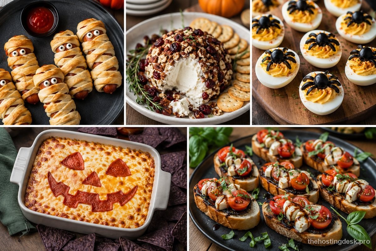 Halloween party food idea board with mummy sausage bites, a seasonal cheese ball, deviled eggs, baked dip, and crostini